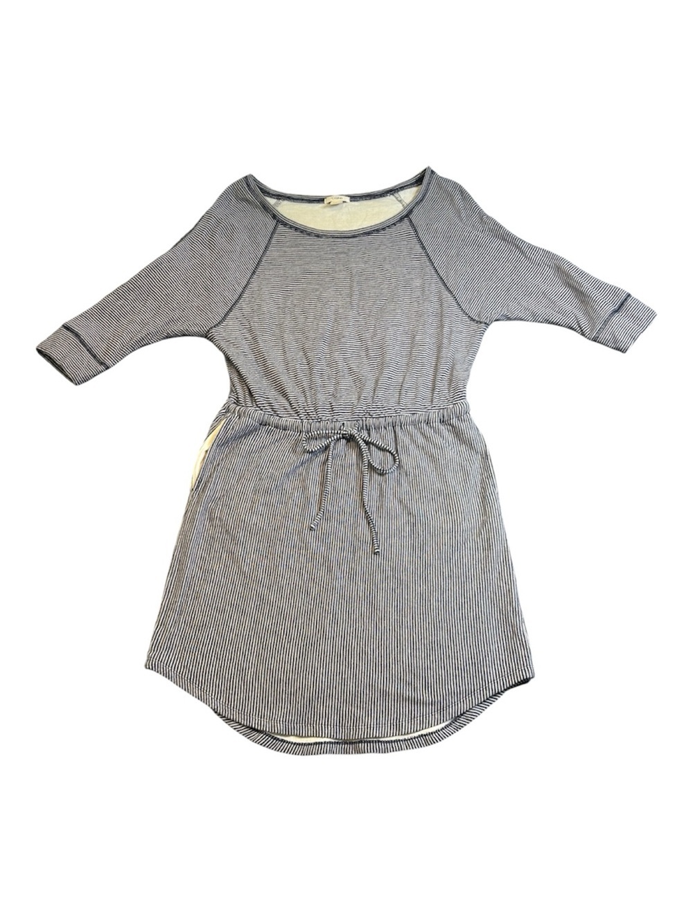 Caslon Striped Knit Dress Small Navy White Drawstring Waist Pockets Raglan EUC